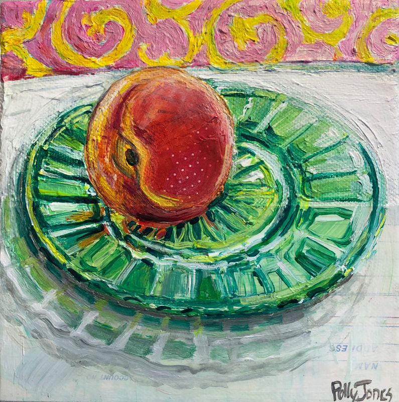 Painting of peach on green plate